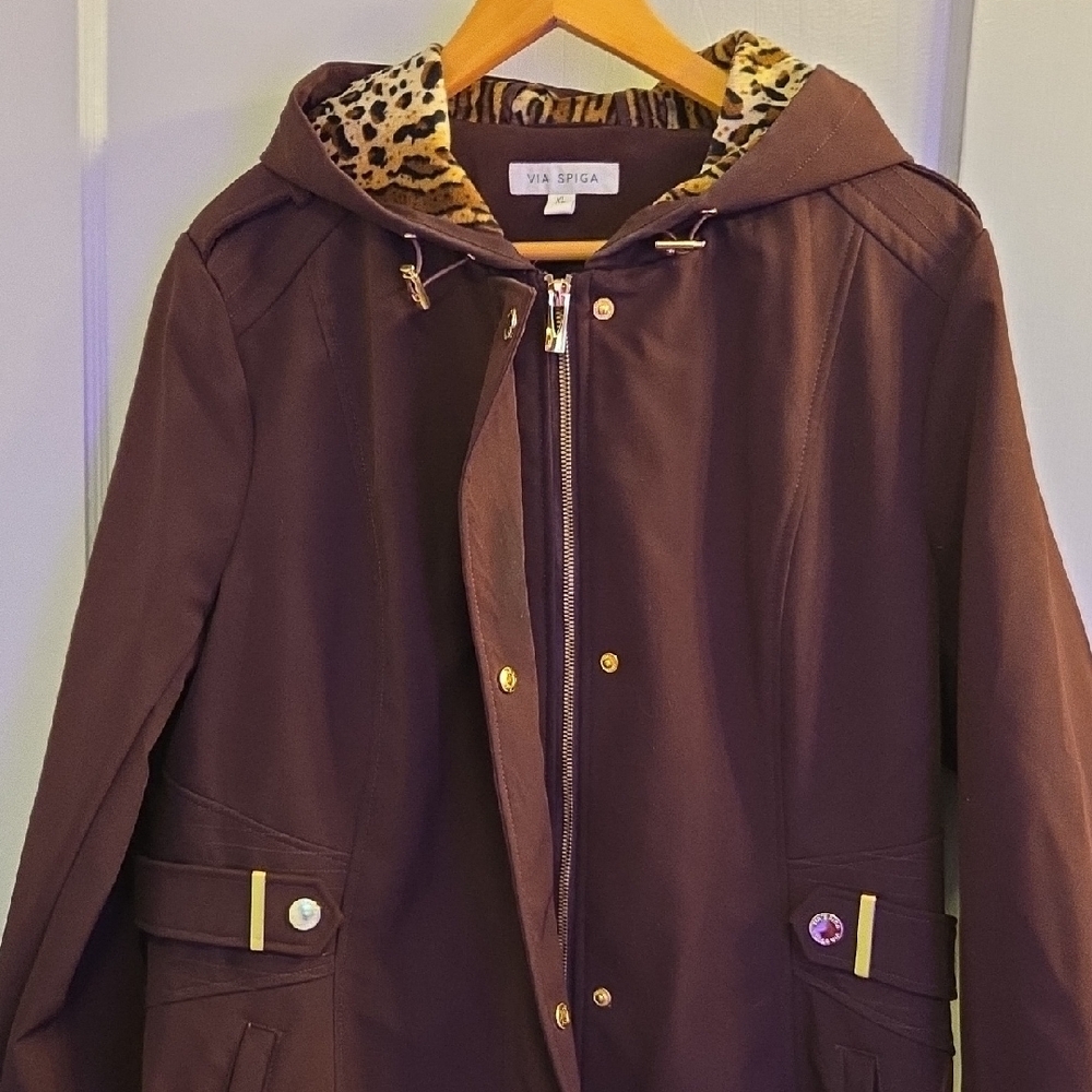 NWOT Classy Stylish Via Spiga Purple Trench Coat with Leopard Print Lining XL - Picture 4 of 7